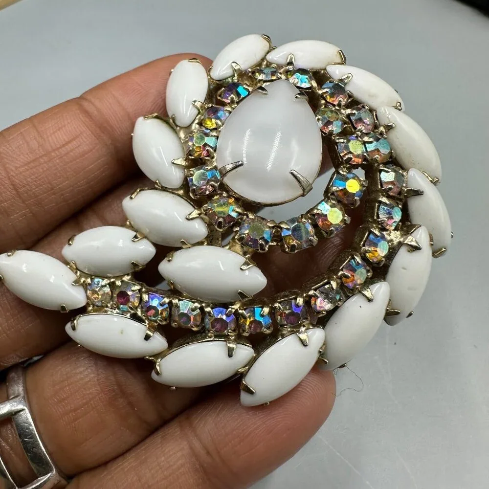 Vintage Milk Glass Rhinestone Brooch Silver Tone Aurora Borealis Swirl Statement